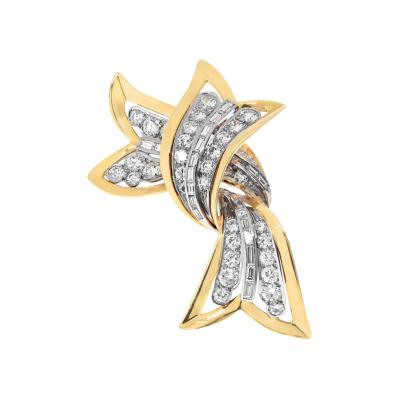 David Webb Platinum 18K Yellow Gold 10 00cttw Round And Baguette Cut Ribbon Brooch