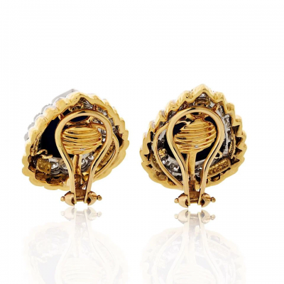 David Webb Platinum 18K Yellow Gold Cabochon Pear Shaped Lapis And Diamond Clip Earrings