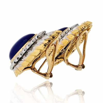 David Webb Platinum 18K Yellow Gold Cabochon Pear Shaped Lapis And Diamond Clip Earrings
