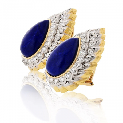 David Webb Platinum 18K Yellow Gold Cabochon Pear Shaped Lapis And Diamond Clip Earrings