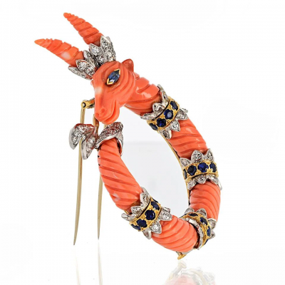 David Webb Platinum 18K Yellow Gold Carved Coral Mountain Goat Capricorn Brooch