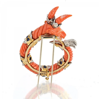David Webb Platinum 18K Yellow Gold Carved Coral Mountain Goat Capricorn Brooch