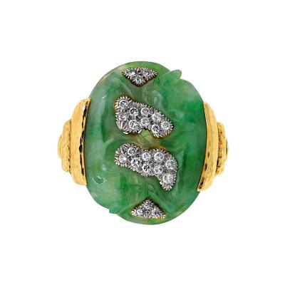 David Webb Platinum 18K Yellow Gold Carved Panther Jade And Diamond Statement Ring