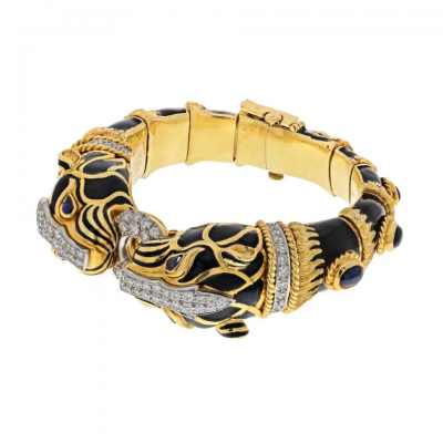 David Webb Platinum 18K Yellow Gold Double Lion Black Enamel Sapphire Eyes Diamonds
