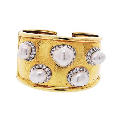 David Webb Platinum 18K Yellow Gold Hammered Diamond And Baroque Pearl Cuff Bracelet