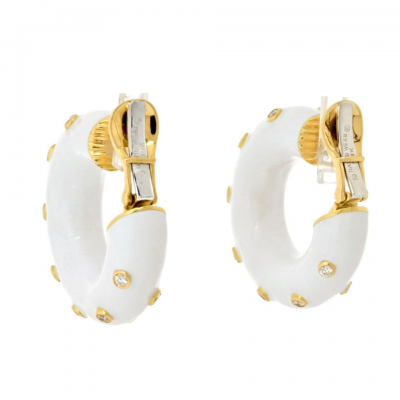 David Webb Platinum 18K Yellow Gold White Enamel And Diamond Mini Hoop Earrings