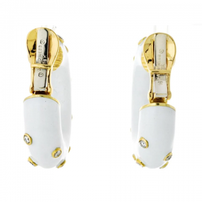 David Webb Platinum 18K Yellow Gold White Enamel And Diamond Mini Hoop Earrings
