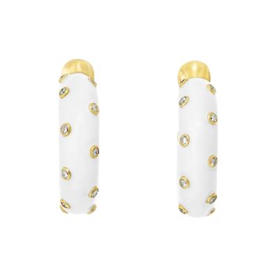 David Webb Platinum 18K Yellow Gold White Enamel And Diamond Mini Hoop Earrings