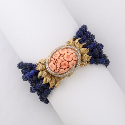 David Webb Signed David Webb Lapis Lazuli Torsade w 18k Gold Carved Coral Floral Motif