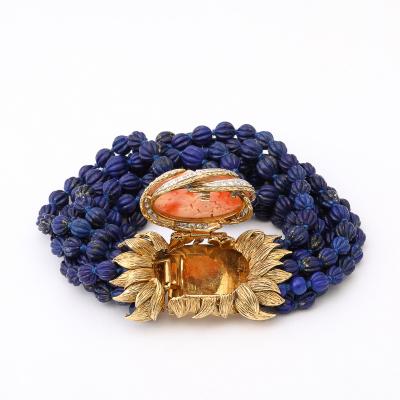 David Webb Signed David Webb Lapis Lazuli Torsade w 18k Gold Carved Coral Floral Motif