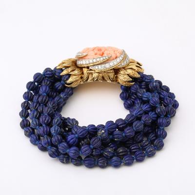 David Webb Signed David Webb Lapis Lazuli Torsade w 18k Gold Carved Coral Floral Motif