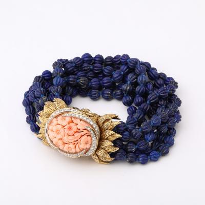 David Webb Signed David Webb Lapis Lazuli Torsade w 18k Gold Carved Coral Floral Motif