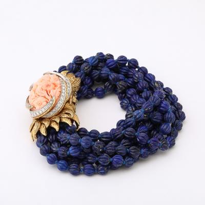 David Webb Signed David Webb Lapis Lazuli Torsade w 18k Gold Carved Coral Floral Motif