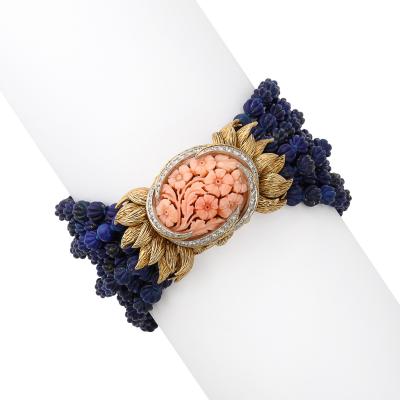 David Webb Signed David Webb Lapis Lazuli Torsade w 18k Gold Carved Coral Floral Motif