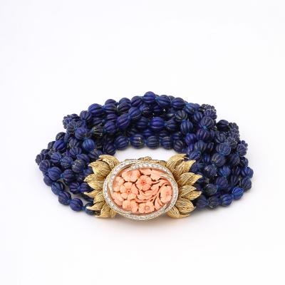 David Webb Signed David Webb Lapis Lazuli Torsade w 18k Gold Carved Coral Floral Motif