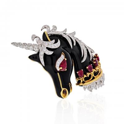 David Webb UNICORN PLATINUM 18K YELLOW GOLD UNICORN BLACK ENAMEL RUBY DIAMONDS BROOCH