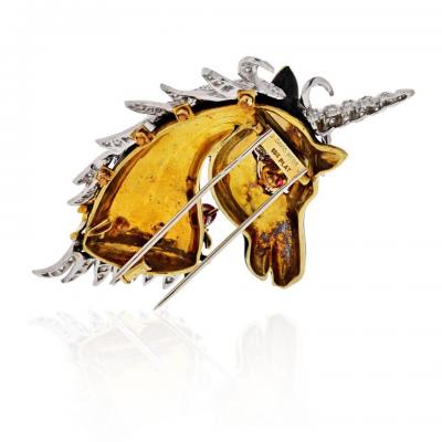 David Webb UNICORN PLATINUM 18K YELLOW GOLD UNICORN BLACK ENAMEL RUBY DIAMONDS BROOCH