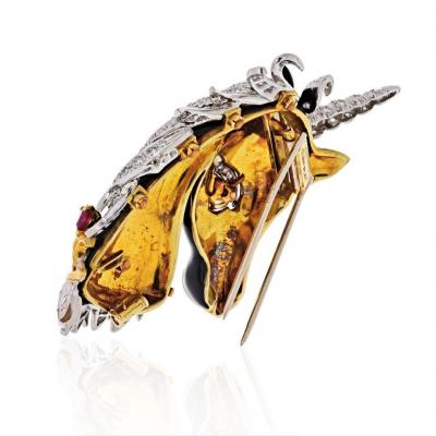 David Webb UNICORN PLATINUM 18K YELLOW GOLD UNICORN BLACK ENAMEL RUBY DIAMONDS BROOCH