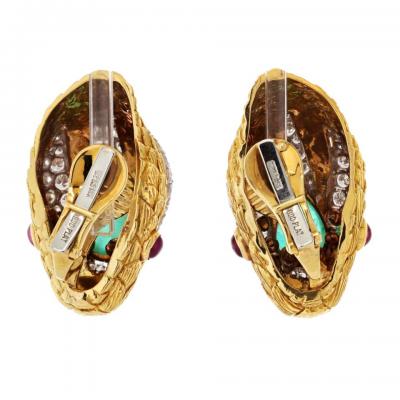 David Webb VINTAGE PLATINUM 18K YG SNAKE GREEN EMERALD RUBY DIAMOND CLIP ON EARRINGS