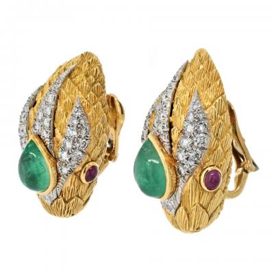 David Webb VINTAGE PLATINUM 18K YG SNAKE GREEN EMERALD RUBY DIAMOND CLIP ON EARRINGS