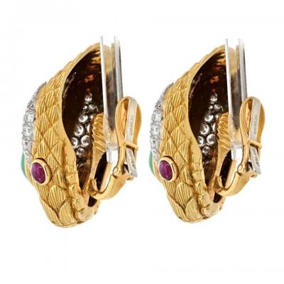 David Webb VINTAGE PLATINUM 18K YG SNAKE GREEN EMERALD RUBY DIAMOND CLIP ON EARRINGS