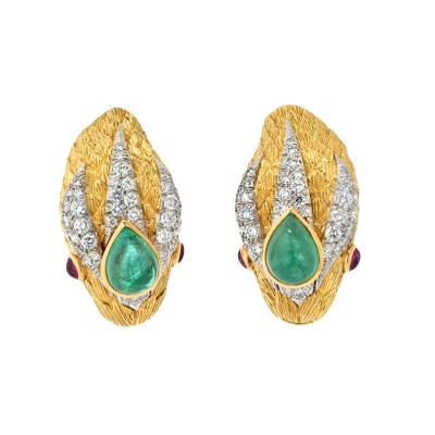 David Webb VINTAGE PLATINUM 18K YG SNAKE GREEN EMERALD RUBY DIAMOND CLIP ON EARRINGS