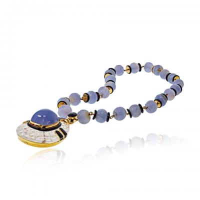David Webb Vintage 18K Yellow Gold Purple Chalcedony Carved Beads Rock Crystal Necklace