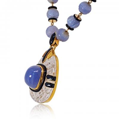 David Webb Vintage 18K Yellow Gold Purple Chalcedony Carved Beads Rock Crystal Necklace