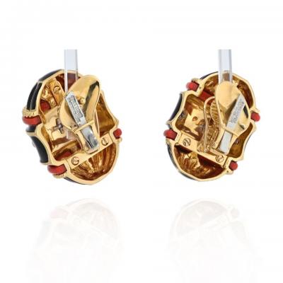 David Webb WEBB 18K YELLOW GOLD BLACK ENAMEL DIAMOND AND CORAL BARREL SHAPED EARRINGS