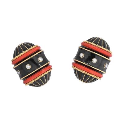 David Webb WEBB 18K YELLOW GOLD BLACK ENAMEL DIAMOND AND CORAL BARREL SHAPED EARRINGS