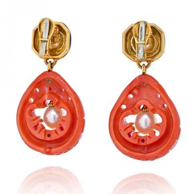David Webb WEBB PLATINUM 18K YELLOW GOLD CULTURED PEARL CORAL AND ENAMEL CLIP EARRINGS