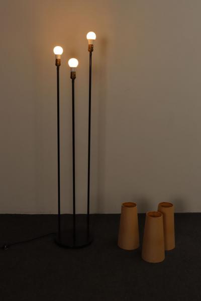 David Wurster Vintage Black Metal Three Fixture Floor Lamp with Shades by David Wurster