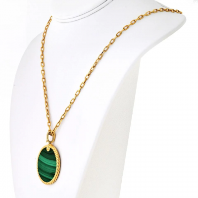 David Yurman David Yurman 18K Yellow Gold Malachite Round Disc Pendant On A Chain Necklace