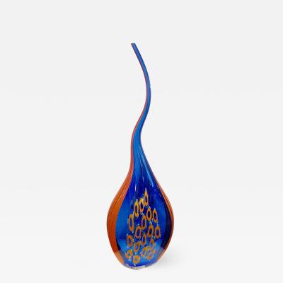 Davide Dona Dona Modern Art Glass Blue and Orange Sculpture Vase with Red and Yellow Murrine