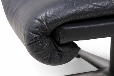 De Sede Mid Century Swiss Metal Black Leather Upholstered Ottoman