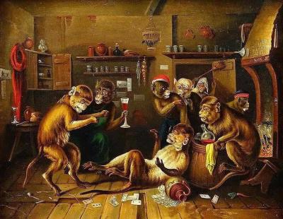 Debauched Monkeys Brawling and Boozing in a Dingy Tavern Painting