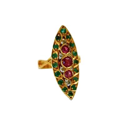 Deco Ruby Emerald Diamond Pagoda Ring 18 Karat