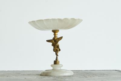 Decorative Scalloped Pedestal Bowl in Soapstone and Brass Early 20th Century