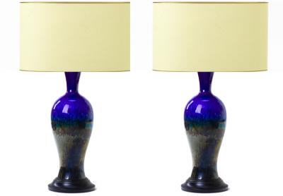 Deep blue cobalt irised ceramic urn Italian pair of lamp