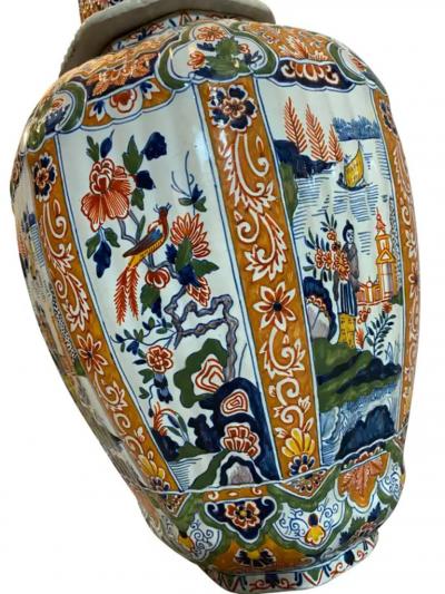 Delft Polychrome Decorated Melon Form Covered Vase