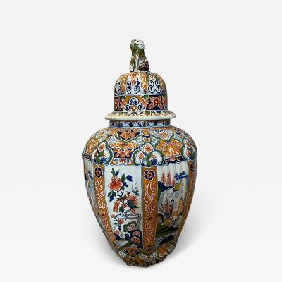 Delft Polychrome Decorated Melon Form Covered Vase
