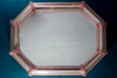 Delicate Midcentury Octagonal Venetian Pink Murano Glass Mirror