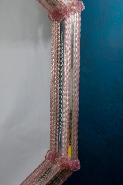 Delicate Midcentury Octagonal Venetian Pink Murano Glass Mirror