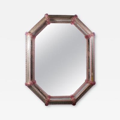 Delicate Midcentury Octagonal Venetian Pink Murano Glass Mirror