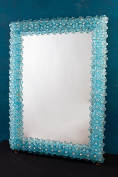 Delicious Aquamarine Blu Flower Murano Glass Mirror 1970