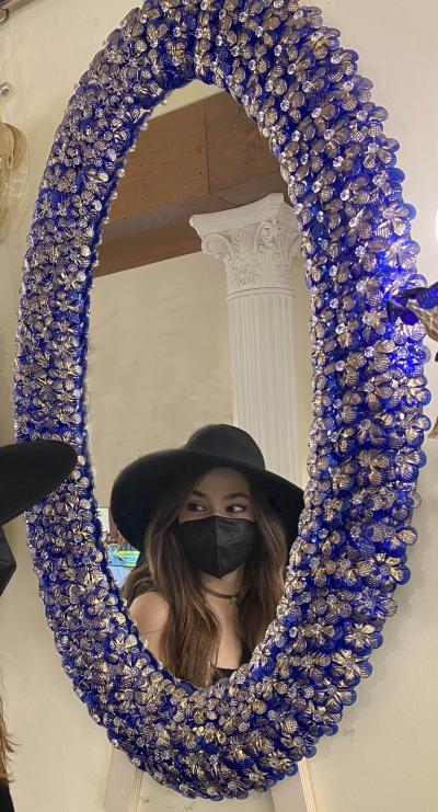 Delicious Blu Flower Oval Shaped Murano Glass Mirror