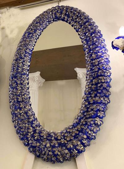 Delicious Blu Flower Oval Shaped Murano Glass Mirror