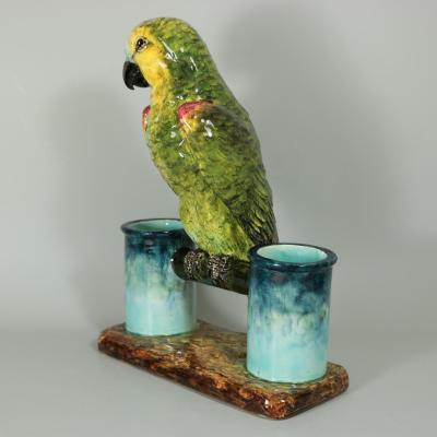 Delphin Massier Delphin Massier Majolica Parrot Figural Vase
