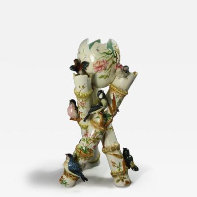 Delphin Massier Majolica Birds on Bamboo Vase