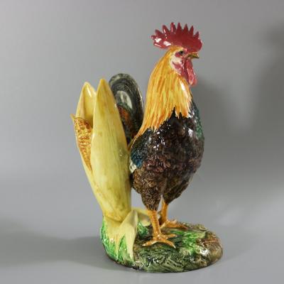 Delphin Massier Majolica Cockerel Rooster Vase